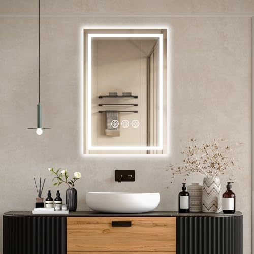 Ratsamee Badspiegel mit Beleuchtung LED, 40x60cm Spiegel mit Light, Wandspiegel mit Frontbeleuchtung, Antibeschlagfunktion, Dimmbar, mit 3 Einstellbaren Lichtfarben