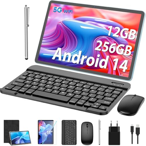 JJGJ Android Tablets,11 Zoll Tablet Android 14 mit Tastatur, 12GB+256GB, 1TB Expand, Octa-Core, 8000mAh, 2.4G/5G WiFi, 13MP+5MP Kamera, 2 in 1 mit Tastatur Tasche, Maus, Stylus(Schwarz Hütten)