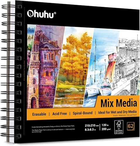 Ohuhu Skizzenbuch Mischtechnik - 200g/m² säurefreier Künstlerblock (124 Seiten/62 Blatt), Spiralbindung für Nass- & Trockentechniken, Ideal für Aquarel, Acryl, Bleistift - Quadratisch (21x21 cm)