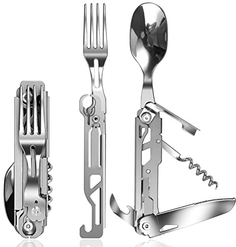 ZIMAIC Edelstahl Besteck 5 in 1 Klappbesteck Campingbesteck als Messer Gabel Löffel Set Outdoor, Tragbares Besteck mit Kordelzugbeutel (Normaler Typ)