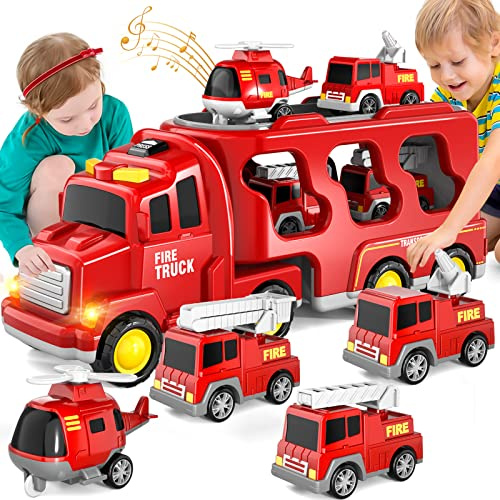 5-in-1 Feuerwehr Lkw Spielzeug für Kinder, Reibungsbetriebene Transporter mit 4 Feuerwehrfahrzeugen, Spielzeug ab 1 2 3 Jahren für Jungen und Mädchen mit Lichtern und Geräuschen für Kleinkind 4 5 6