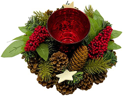 Britesta weihnachtdeko: Handgefertigtes Weihnachts- & Adventsgesteck mit Teelicht-Halter, 23cm (Weihnachtsgesteck mit Teelichter, Dekoration Weihnachten, Tafel)