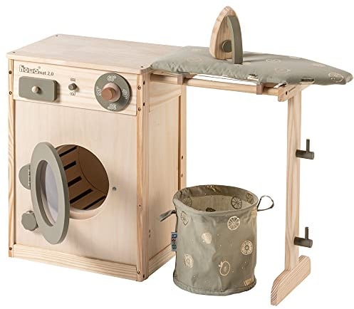 howa Kinderwaschmaschine aus Holz Waschmaschine für Kinder mit Wäscheleine, Bügelbrett, Wäschekorb und Bügeleisen 48142