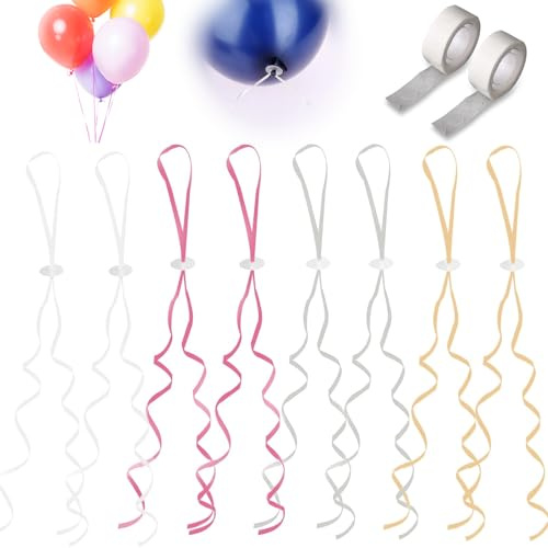 200 Stk Ballonverschlüsse mit Polyband, Luftballonverschlüsse für Ballons, Ballonband mit Schnellverschluss, Luftballon Schnur für Geburtstag, Hochzeit, KarnevalsDeko,Party（Gold, Silbrig, Weiß, Rosa）