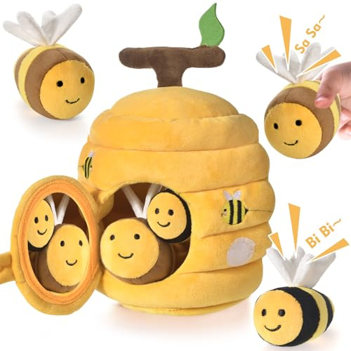 VORENUS Baby Spielzeug 6-12 Monate,6-in-1 Baby Bienenstock mit 5 Bienen Montessori Sensorik Spielzeug mit Scheune,Rassel,Spiegel,Kinder Lernspiele & Motorikspielzeug Weihnachts- und Ostergeschenk