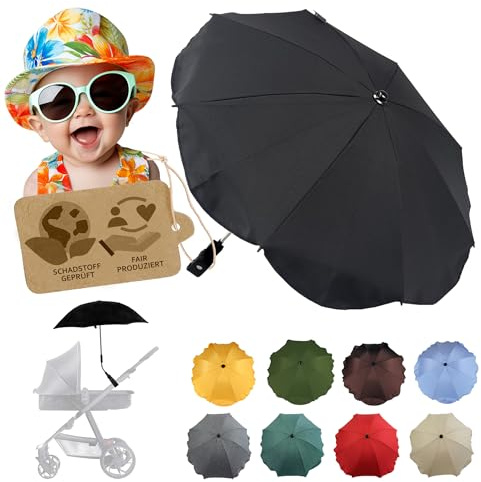 Sonnenschutz universal Sonnenschirm für Kinderwagen Buggy | UV Schutz 50+, Universalhalterung, biegsamer Schirm, für Rund- und Ovalrohre, verstellbar