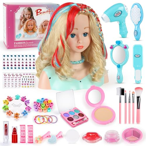BuzzoXerex Frisierkopf Kinder Set, 58 Stück Frisierkopf für Mädchen Waschbar, Puppenkopf Zum Frisieren Kinder mit Haarzubehör Geburtstags Weihnachten Geschenke für 3 ab Jahren (Blau)