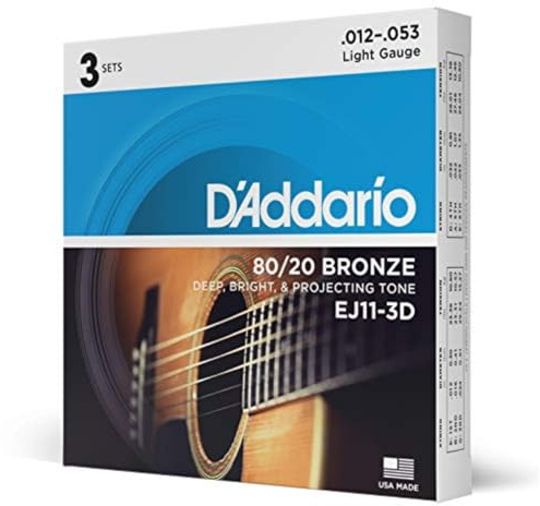 D'Addario EJ11-3D 80/20 Bronze Round Wound Gitarre Saiten 12-53, 3 Sätze | Helle 80/20 Bronze-Saiten für Westerngitarre mit klarem Ton, starker Projektion, ausgewogener Ansprache und Zuverlässigkeit.