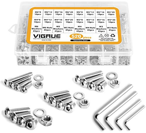 520PCS M3 M4 M5 M6 Edelstahl-Sechskopf-Knopf Schrauben Schrauben Muttern und Unterlegscheiben Sortiment Kit der mit Aufbewahrung flach Fall Box (520PCS)