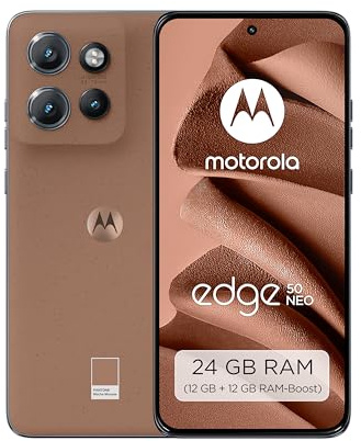 Motorola edge50 neo Smartphone (6,36-Super-HD-Display, 50-MP-Kamera mit Moto-KI, 8/256 GB, 4310 mAh, Android 14) Mocha Mousse (Veganes Kunstleder), inkl. Schutzcover