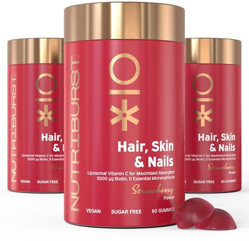 NUTRIBURST Hair Skin Nails Gummies Multipack 3 x 60 Kaubare Gummy-Vitamine | Biotin, Zink, Vitamin E | pflanzliche, zuckerfreie Nahrungsergänzung | fortgeschrittene Ernährung, vegetarisch, vegan
