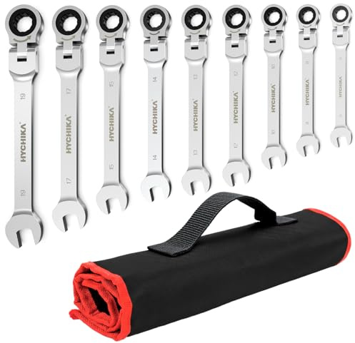 HYCHIKA Ringschlüssel Set 9Pcs, 6-19 mm Schraubenschlüssel Set Mit Knarrenkopf und Handtasche für Kfz-Reparatur und Industrie-Wartung