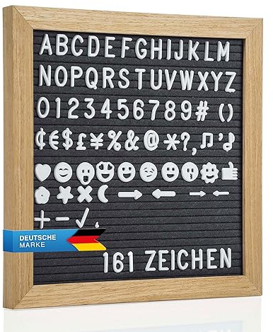 Buchstabenbrett Holzbrett mit Buchstaben, 23 x 30 cm - Brett mit Rillen Letter Board Filzbrett Memoboard mit 161 Zeichen (Schwarz)