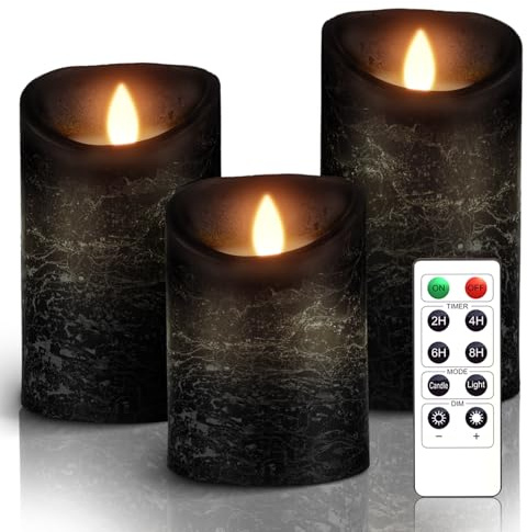 AiiBowy Led Kerzen [3er Set] Flammenlose Kerze Echtwachs Flackernde Dimmbar mit Fernbedienung Weihnachtskerzen LED Flammen 4/5/6” Tischdeko, Wohnzimmer, Weihnachten, Hochzeit, Party （Schwarz）