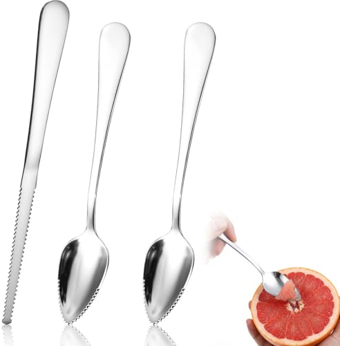 TIESOME 2 Grapefruitlöffel aus Edelstahl und 1 Grapefruitmesser, Grapefruitlöffel Edelstahl 3-Teiliges Set, Obstlöffel Edelstahln mit Gezacktem für Kiwi Äpfel Grapefruits