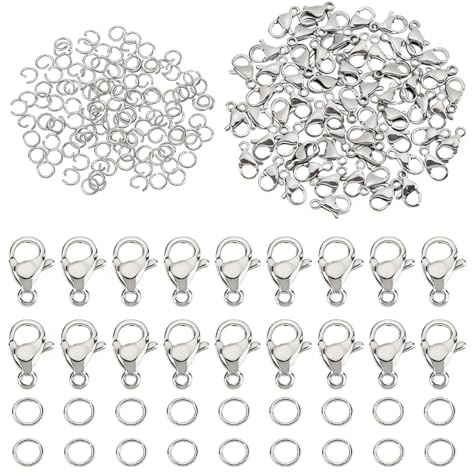 PandaHall 120 Stück 4mm 304 Edelstahl Biegeringe mit 60 Stück Karabinerverschlüssen für Ohrring Armband Halskette Anhänger Schmuck Basteln DIY, Edelstahl Farbe