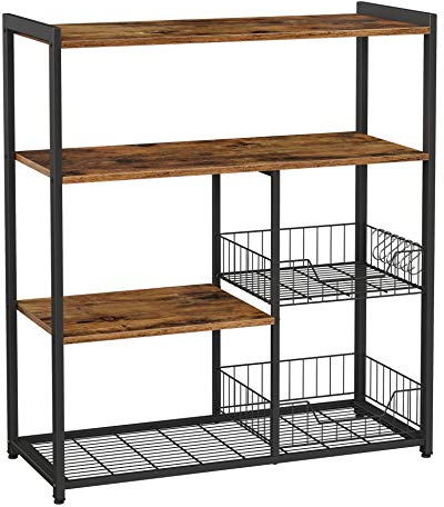 VASAGLE Küchenregal, Standregal mit 2 Metallkörben, Bäckerregal mit Haken und Regalablagen, Mikrowellenregal, 35 x 80 x 93,5 cm, vintagebraun-schwarz KKS96X