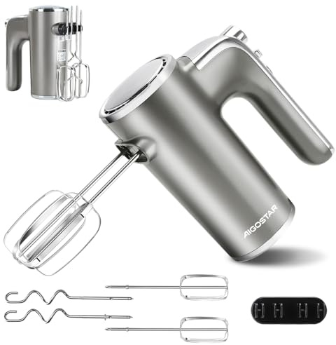 Aigostar Handmixer Elektrischer, 400 W Ultra Power Mixer Handrührer mit 1 Aufbewahrungshalterung, 5 Geschwindigkeiten, Turbo Boost, 2 Schneebesen und 2 Knethaken, für Eier, Teig, Kuchen.Adela