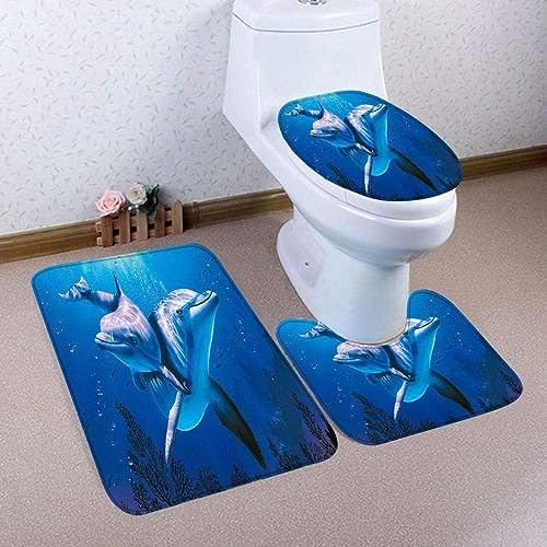 WSADZXC77 Badezimmermatten und Teppiche Blauer Delfin 3-teiliges Badteppich-Set Toilettensitzbezug und -vorleger, Badezimmer-Garnitur, U-förmiger Teppich, Matte