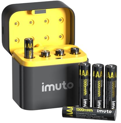 imuto Wiederaufladbare Lithium Akkus AAA 8-Pack mit Ladegerät, 1300mWh Hohe Kapazität 1.5V AAA Batterien, Lang anhaltende wiederaufladbare AAA Li-ion Batterie mit Integrierter Charing Aufbewahrungsbox