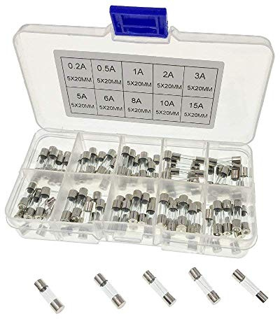 JZK 100x Flinke Glas Feinsicherung Set, 20 x 5mm, Glasrohrsicherung Sortiment Glassicherung mit Box und 10 Ampere Werten: 0,2A 0,5A 1A 2A 3A 5A 6A 8A 10A 15A