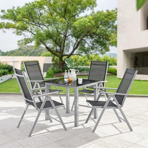 Juskys Aluminium Gartengarnitur Milano 4+1 — 4 Hochlehner Stühle verstellbar & klappbar mit Tisch — Gartenmöbel Set 5-teilig wetterfest — Silber