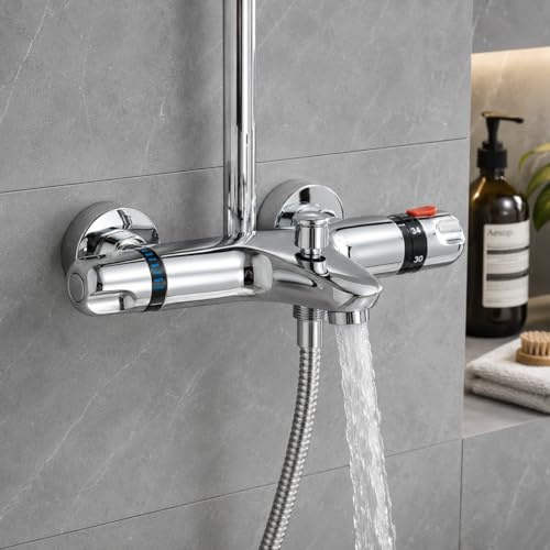 TVTIUO Duscharmatur mit Thermostat，Thermostatische Badewannenarmatur mit 38 °C-Sicherheitstaste, mit 2-in-1-Auslauf (Badewanne/Dusche)，Mischbatterie Dusche Thermostat, Chrom