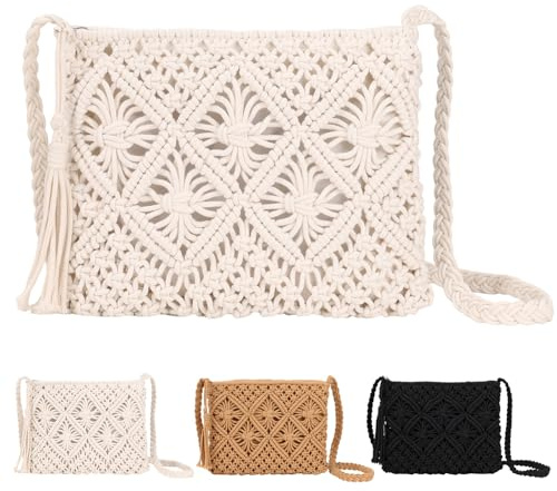 Sahunfri Strohtasche Damen Sommer, Vintage Geflochtene Umhängetasche mit Quaste, Gewebte Stroh Handtasche für Strand, Reise-Clutch (Weiß)