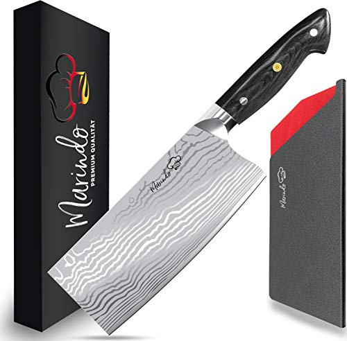 Marindo Chinesisches Kochmesser Edelstahl | 18cm Klingenlänge | Küchenbeil mit dreifach genietetem Holzgriff | Hackmesser chinesisch | Fleischmesser extrem scharf | Inkl. Geschenkbox