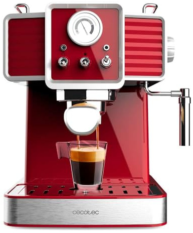 Cecotec Express - Kaffeemaschine Power Espresso 20 Tradizionale Light Red | 1350 W, Espresso und Cappuccino, 20 Bar und Thermoblock, Dampfdüse, Manometer, Vintage - Design, 1,5L Kapazität