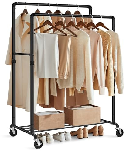 SONGMICS Kleiderständer, Kleiderstange, Garderobenständer mit 2 Kleiderstangen und Ablage, Rollen, bis 110 kg belastbar, Industrie-Design, für Schlafzimmer, Ankleidezimmer, schwarz HSR60B