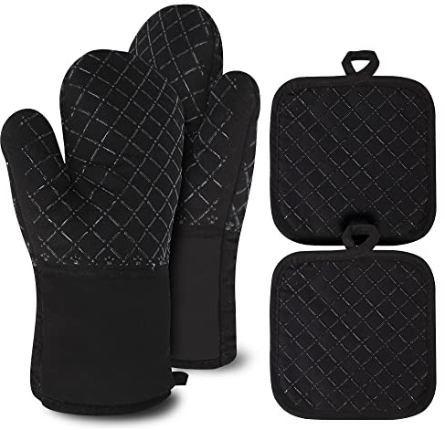 Topflappen Handschuh, Ofenhandschuhe Hitzebestaendig, rutschfeste Topfhandschuhe 4er-Set Hitzebeständig bis 250°C, Schwarz Backhandschuhe für Kochen Backen Grillen