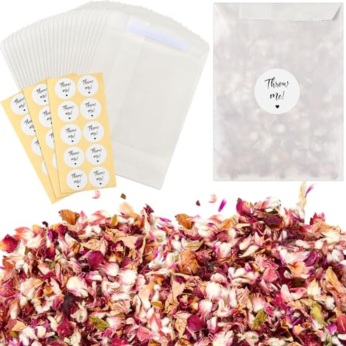 Tenare 50 Sets Hochzeit Konfetti Taschen Set für 45-50 Gäste, Elegant | Natürliches Getrocknetes Blütenkonfetti, Rosenblätter, Pergaminpapierbeuteln Aufkleber, für Jubiläum Geburtstag Party Feiern
