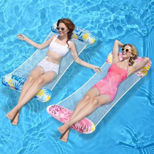 Zikenis 2 Stück Luftmatratze Pool, Aufblasbare Wasserhängematte, Schwimmbett, Hängematte Wasser mit Netz und Aufblasbare Pumpe, Faltbars Pool Float für Erwachsene Kinder Schwimmbad Strand