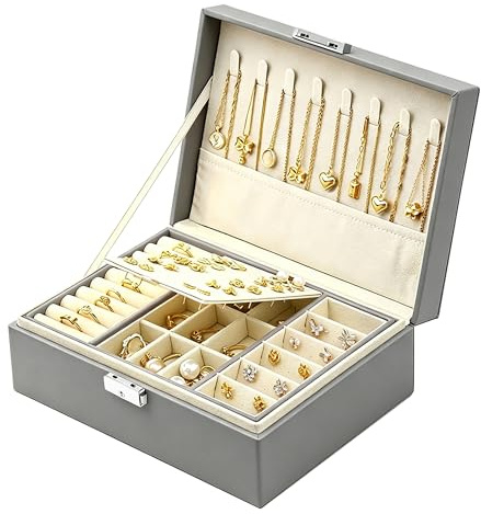 Homeanda Schmuckkästchen mit Schloss - Große Schmuckschatulle aus Leder für Damen, Schmuckbox mit 2 Ebenen (Grau)