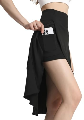 Bezioner Hosenrock Damen Sommer Midirock Tennisrock mit Hose Taschen HoherTaille Golfrock Sportrock mit Schlitz Rüschensaum Schwarz XL
