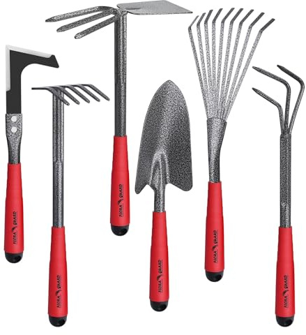 FLORA GUARD 6-teiliges Gartenwerkzeug Set, Gartengeräte Set mit Unkrautstecher, Kelle, Handrechen, Hacke & Kultivator aus Kohlenstoffstahl, Garten Handwerkzeug Set für Pflanzenpflege und Bodenarbeit