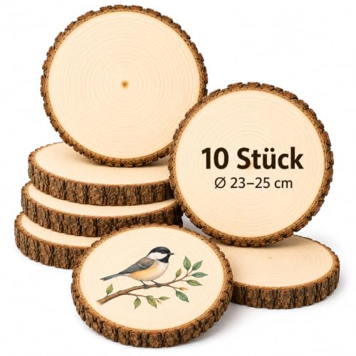 Truevaste 10er Set Holzscheiben 23-25 cm Ø, Große Runde Baumscheiben Natur ohne Loch 25 cm Durchmesser, 15 mm Dicke, Holzscheiben für Hochzeit, Tischdeko, Lasergravur & Rustikale Deko