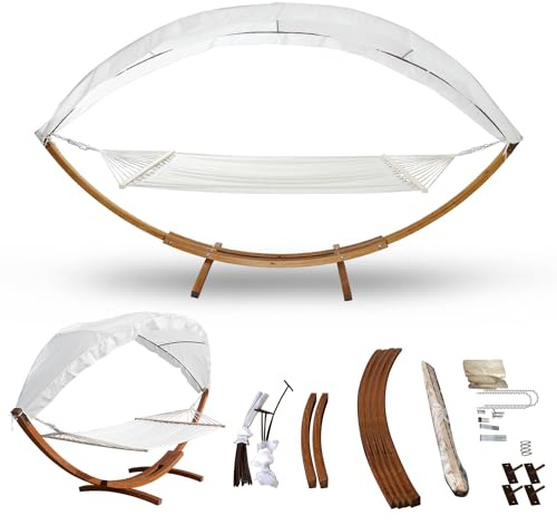 ISOISL Hängematte mit Gestell und Sonnendach, Hammock aus wetterfestem Lärchenholz, bis 200kg, Stabhängematte für 2 Personen Outdoor und Indoor