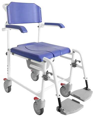 KMINA Toilettenstuhl mit Rollen für Senioren Blau, Fahrbarer Duschstuhl aus Aluminium, Multifunktionaler Nachtstuhl mit Klappbaren Armlehnen, Duschrollstuhl bis 120 kg - Modell PRO