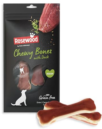 Rosewood Chewy Bones Ente Medium – Kauknochen für Hunde, Kausnack aus Rinderhaut mit Ente, unterstützt die Zahnpflege, ohne Getreide, ohne künstliche Zusatzstoffe, 80 g