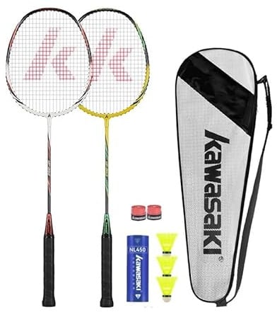Kawasaki Badminton Schläger Set 2, Profi Badmintonschläger Set mit 3 Bällen, 1 Schlägertasche, 2 Federballschläger für Training, Sport und Unterhaltung