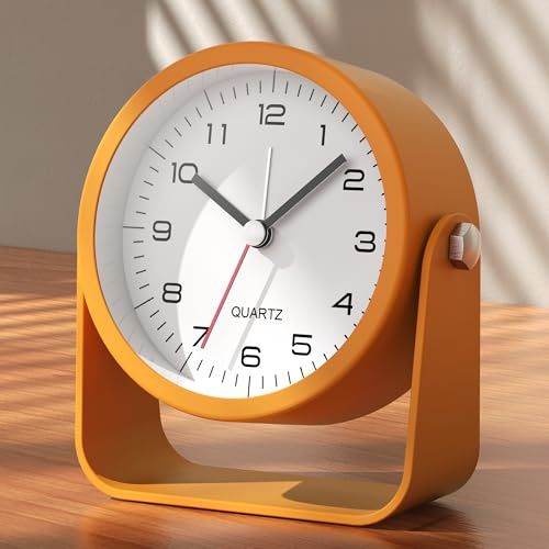 AYRELY 3,5Zoll Analog Wecker–geräuschloser Wecker ohne Ticken, Tischuhr mit verstellbarem Winkel, batteriebetrieben mit Licht (orange)