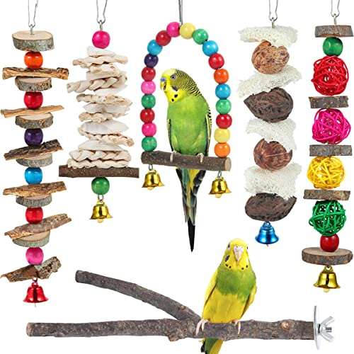 Vogel-Sitzstange und Spielzeug – 6 Stück, Holz-Kauspielzeug und Sitzstange für Sittiche, Sittiche, Nymphensittiche, Lovebird, Papageien, Wellensittiche, Finken und andere kleine bis mittelgroße Vögel