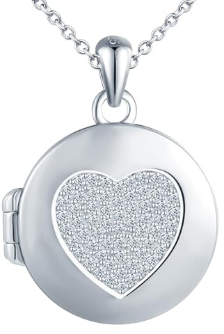 MICSAVI Rundes medaillon herz kette silber 925 für damen mädchen kinder, Runder anhänger zum öffnen für foto bilder personalisierte, zirkonia herz silberkette 45+5cm