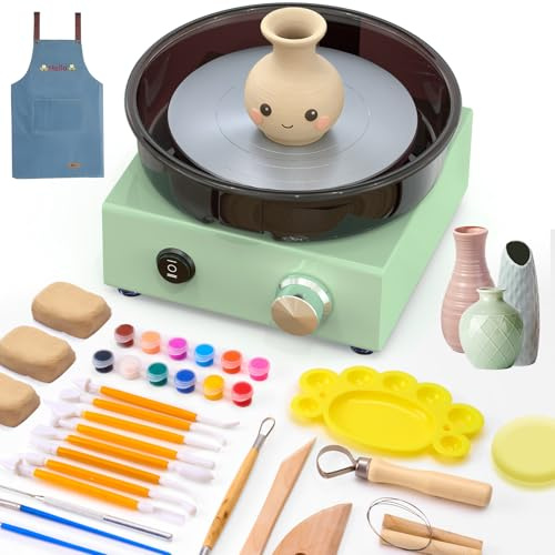 Alldeer Mini-Töpferscheiben-Set – 15cm/6-Zoll Drehscheibe mit Zwei-Wege-Rotation, Tonrad mit Metallrahmen & Abnehmbarer Spritzschutzwanne, Keramik-Set mit 18-teiligen, Töpferei DIY Maschine für Anfäng