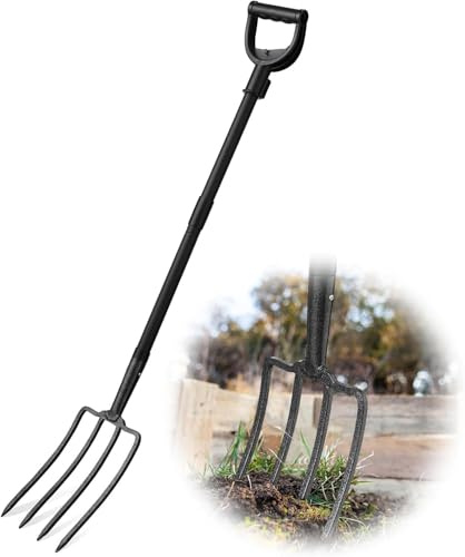 127cm Mistgabel, Spatengabel für Harte 4Zinken Spatengabel mit D-Griff Grabegabel aus Metall zum Umgraben und Auflockern/Schwarz