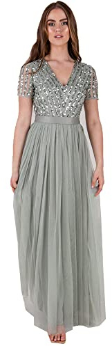 Damen Ballkleid Abendkleid V-Ausschnitt Maxi Länge Pailletten Kurze Ärmel für Hochzeit Geburtstag Brautjungfer