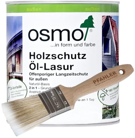 OSMO Holzschutz Öl-Lasur. 2,5l + Flächenstreicher Pinsel von Pfahler (905 Patina transparent)