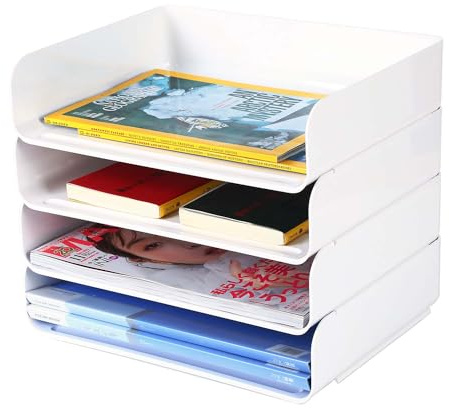 4-stöckige Ablagekorb für A4, Dokumentenablage aus PET Kunststoff, Briefkorb, Briefablage Organizer(4pcs, Weiß)